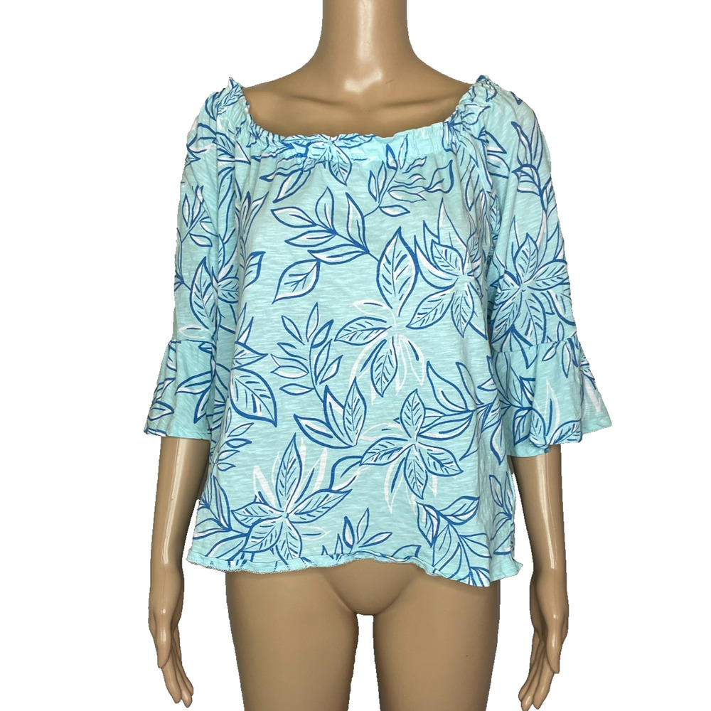 Womens XL Stella Parker Blue Leaf Patterned Off-the-Shoulder Preppy Cotton Shirt